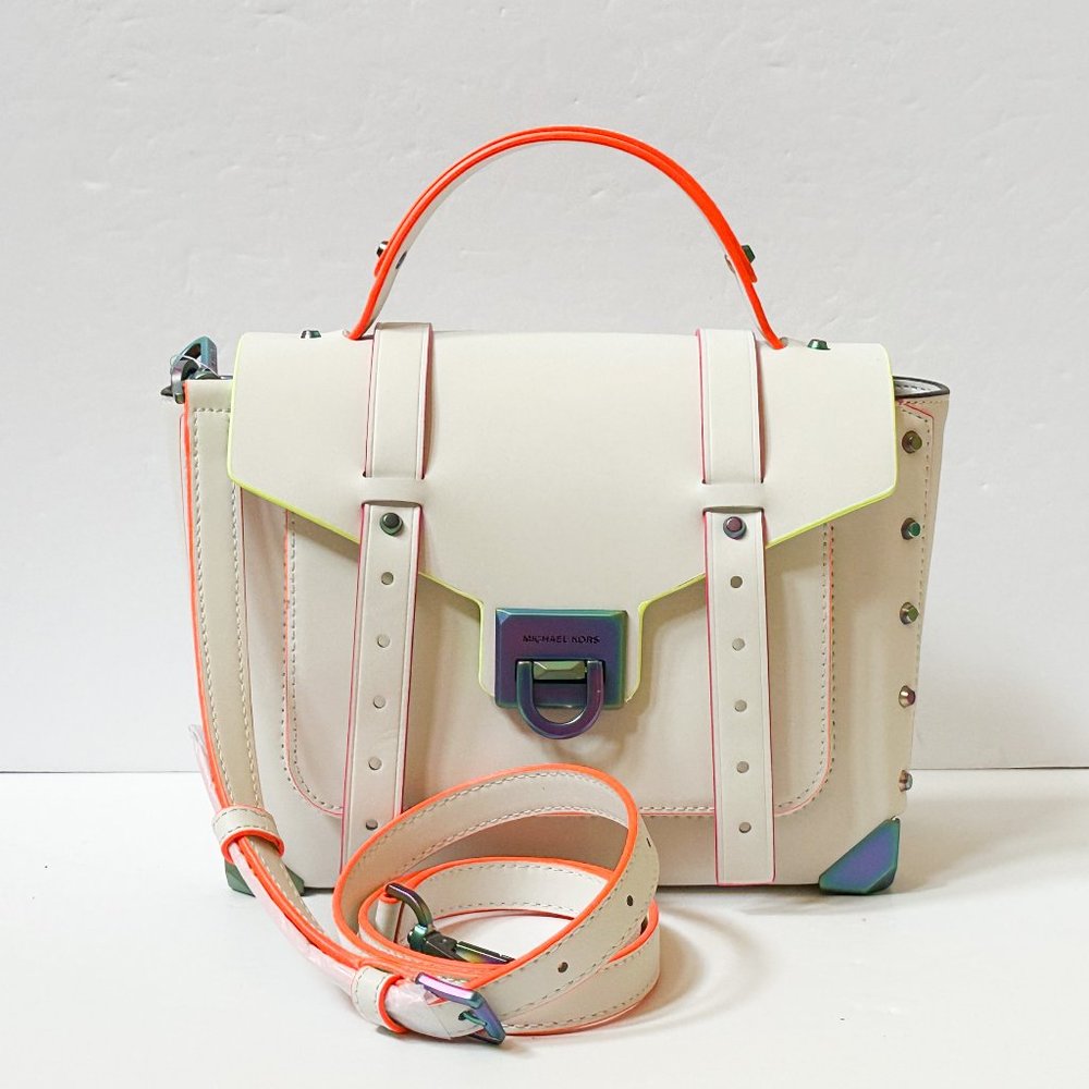 Michael Kors Manhattan Medium Top Handle Satchel Crossbody Bag Optic White